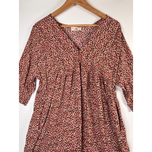 Natural Life Dress Womens Medium Red Pink Floral Rayon Knee Length Boho Peasant - Picture 2 of 14